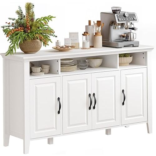 Amada Buffet Cabinet with Storage, 55" Large Sideboard Storage Cabinet with Adjustable Shelves, 4 Doors, Modern Farmhouse Coffee Bar Cabinet, White