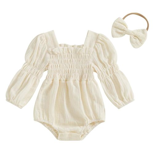 Amazon.com: Kavousa Smocked Baby Girl Clothes Newborn Girl Bubble Romper Long Sleeve Jumpsuit And Headband Outfit Cute Infant Clothing (Long Sleeve Apricot, 6-12 Months): Clothing, Shoes & Jewelry