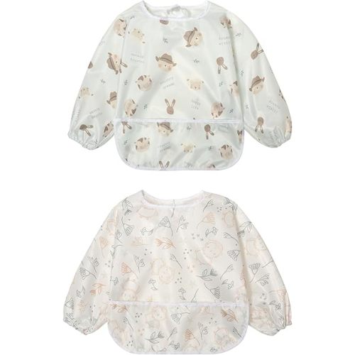 Little Dimsum Full Sleeved Feeding Bib 2 Pack,Baby & Toddler Waterproof Bib Apron,Food Protection Large Pocket Eating Smock 6-48 Months(Hat Bear&owl)