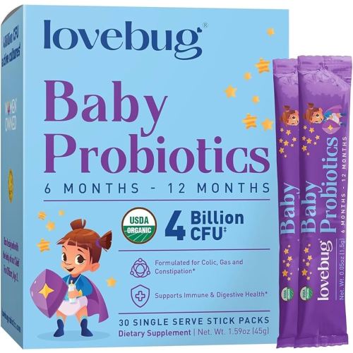 LOVEBUG Probiotics for Babies - Organic Baby Probiotics 6-12 Months for Baby Immune Support, Gas, Colic, Diarrhea & Infant Constipation Relief Sugar-Free, Tasteless Powder, 30 Pack