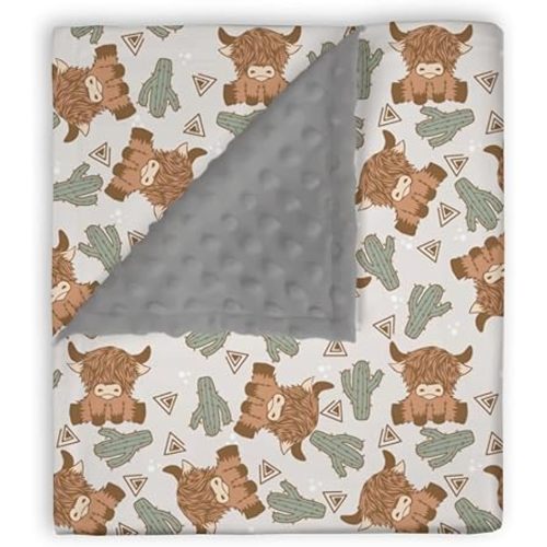 Mink Baby Blanket for Boys Highland Cow Cactus Gray, Western Farm Animal Soft Lightweight Double Layer Dotted Backing Receiving Blankets, Newborn Infant Toddler Nursery Crib Bedding 30 x 40