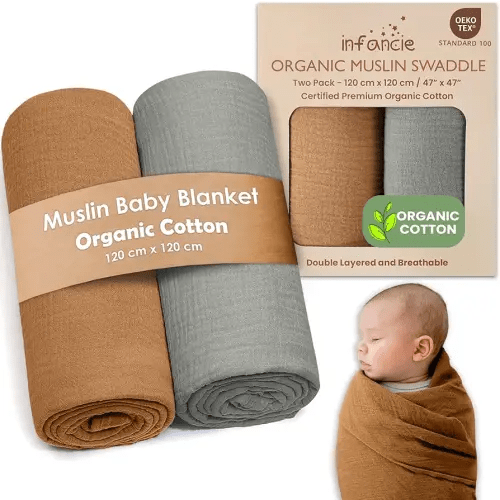 Organic Cotton Muslin Baby Blanket - 120x120 cm (47x47 inches) Breathable Swaddle, Hypoallergenic Double-Layer, Versatile Use (Gold/Sage)