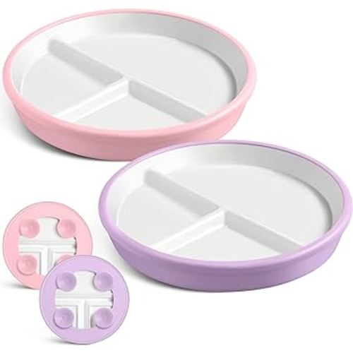 Porcelain Plates with Anti-slip Silicone Sleeve, White Porcelain Plate, Divided Baby Plates with Suction for Toddler Microwave & Dishwasher Friendly (Purple, Pink,2 Pcs)