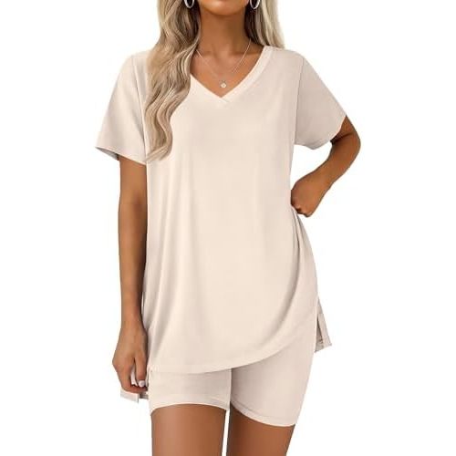 Ekouaer Pajamas for Womens Set 2 Piece Lounge Set Lightweight Summer Pjs Biker Shorts Sets V-Neck Tops Matching Outfits Set
