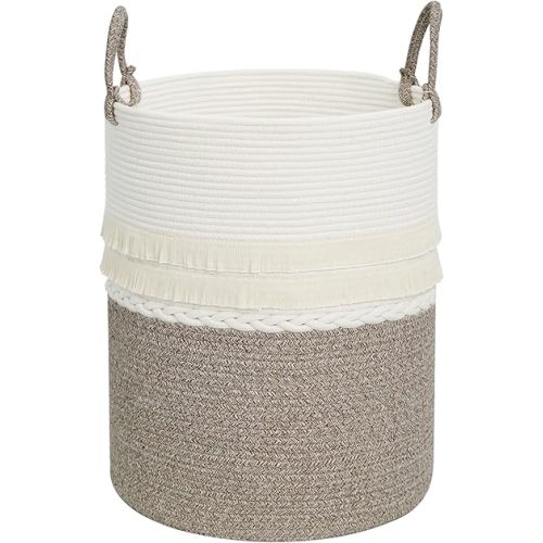 danpinera 79 L Large Laundry Basket, Tall Woven Cotton Storage Hamper with Handles, Dirty Clothes Hamper in Bathroom, Decorative Storage Basket for Living Room White & Brown