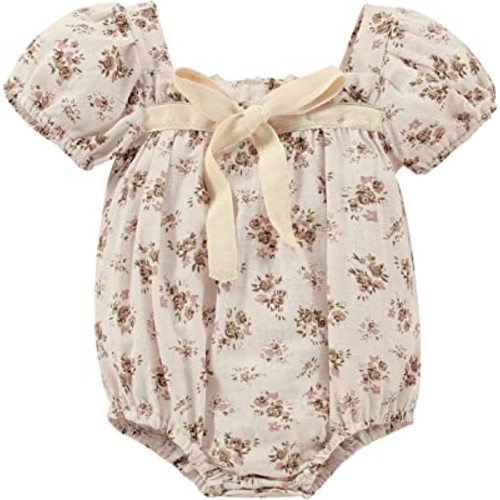 Kupretty Newborn Infant Baby Girl Summer Clothes Vintage Floral Romper Square Neck Short Sleeve Bodysuit Jumpsuit