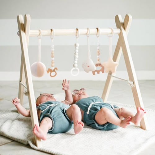 Wooden Baby Gym with 6 Gym Toys, Foldable Baby Play Gym, Natural Pine Wood Play Gym, Frame Activity Center Hanging Bar, Wooden Play Gym