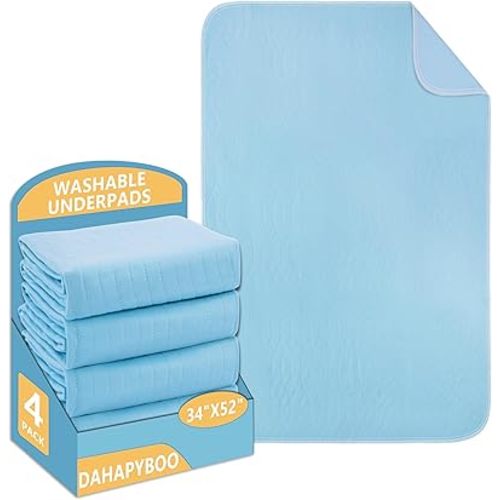 Washable Underpads, 34”x52” 4 Pack Incontinence Bed Pads,Heavy Absorbency Reusable Bed Pads for Elderly,Kids,Adults and Pets,Bed Pads Washable Waterproof Quick Drying for Bed, Sofa, Floor