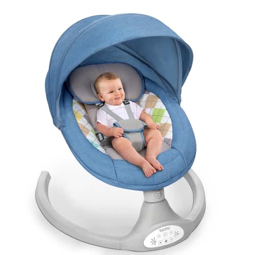 Bioby Baby Swing for Infants with 5 Natural Sway Speeds, Portable Bt Music Baby Bouncer with Remote Control & 5-Point Harness, Lightweight Baby Rocker for 5-20 Lb,0-12 Months Blue