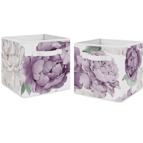 Sweet Jojo Designs Fabric Storage Bins Set Peony Floral Garden Lavender Purple And Ivory