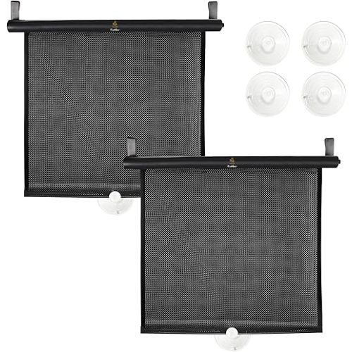 EcoNour Car Window Shades for Baby (2 Pack) | Retractable Shade for Car Side Window | Window Sun Shades with Suction Cups | Large Clips for Durability | Baby Travel Accessories (14" x 17")