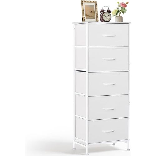Nightstand, 4 Drawer Dresser End Table Bedside Furniture with Wooden Top Steel Frame Fabric Bins for Bedroom, Closet, Entryway, Dorm, Living Room, White
