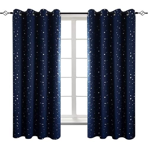 BGment Kids Blackout Curtains for Bedroom - Grommet Thermal Insulated Room Darkening Silver Star Printed Curtains for Living Room, Set of 2 Panels (52 x 63 Inch, Navy Blue)