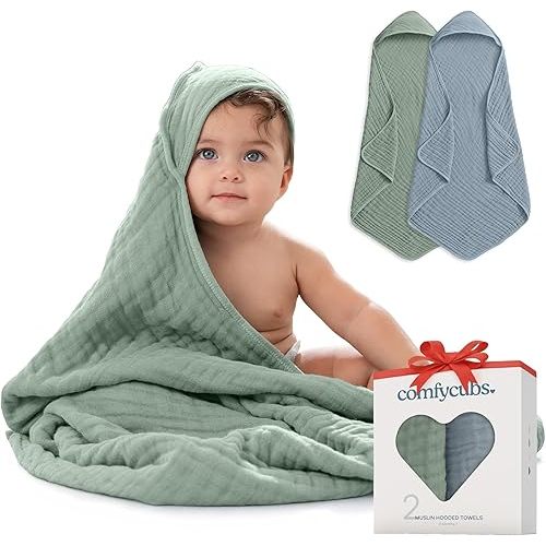 Comfy Cubs Hooded Baby Towel 2-Pack, Large 32 x 32 Inch - 6 Layer 100% Muslin Cotton for Babies, Toddlers, Kids - Soft & Absorbent Baby Bath Towels - Unisex Design for Bath Time, Pacific Blue and Fern