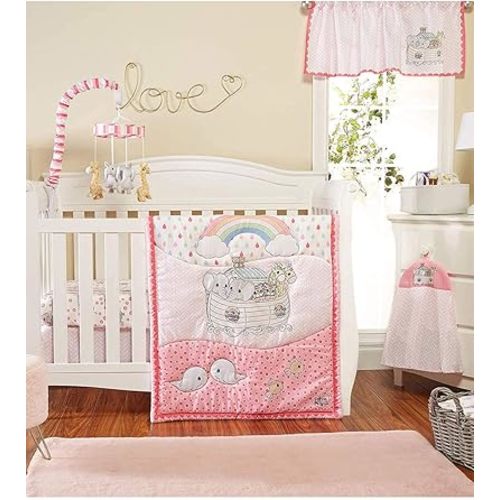 EVERYDAY KIDS Precious Moments Noah’s Ark 4 Pc Crib Bedding for Girls Nursery Set Includes Baby Bed Quilt, Fitted Sheet, Dust Ruffle and Diaper Stacker with Sweet Images of Elephants and Giraffes