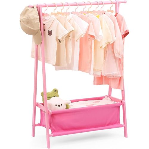 Kids Clothing Rack with Storage, Dress Up Rack, Child Clothes, Small Garment, for Costume, Bamboo (Pink)