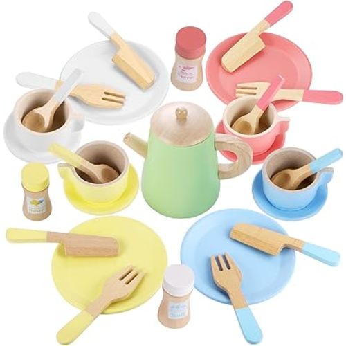 GAGAKU Wood Tea Set and Wooden Play Dishes 2 in 1 Play Food Set Toy 28 PCS Montessori Play Kitchen Accessories Kitchen for Toddlers Cooking Playset for 3-8 Years Girls and Boys