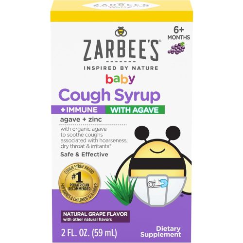 Zarbee's Baby Agave Cough Syrup + Immune for Babies 6+ Months, Safe & Effective with Cough Soothing✝ Organic Agave & Zinc for Immune Support*, Natural Grape Flavor, 2Fl Oz