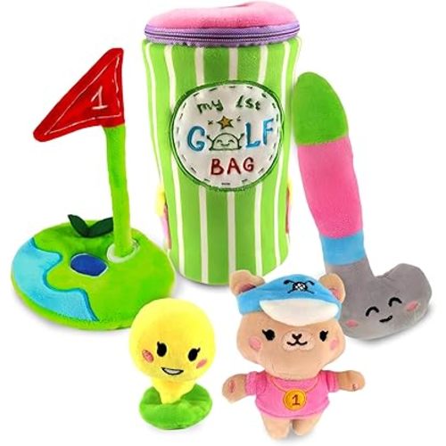 Skywin-My First Golf Bag, Baby Golf Toy, 6 ct Developmental and Sensory Baby Golf Set Inc Plush Golf Club, Ball, Mug, Goal, Teddy Bear and Bracket