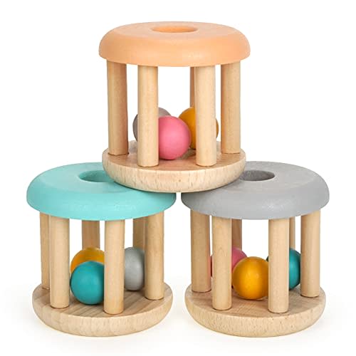 DUCKBOXX XX Montessori Infant Toys, Natural Wood Rolling Rattle Toy for Babies Ages 0m – 2yrs (Burlywood Base - 3pcs)