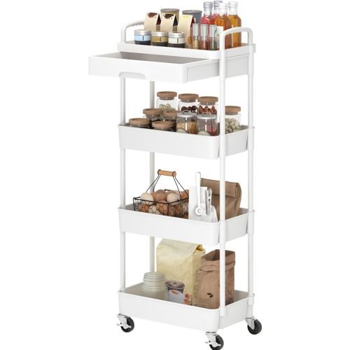Dttwacoyh 4-Tier Rolling Cart,Trolley with Drawer, Kitchen Storage Organizer with Plastic Shelf & Metal Wheels, Storage Cart for Living Room, Kitchen, Office, Bathroom, White