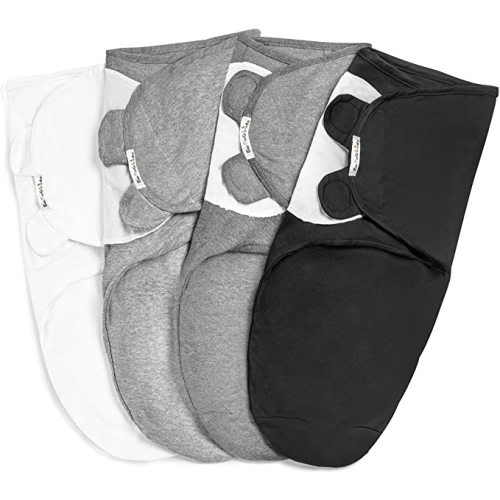 BaeBae Goods Swaddle Blanket, Adjustable Infant Baby Swaddling Wrap Set of 4, Baby Swaddling Wrap Blankets for Boys and Girls Made in Soft Cotton (0-3 Months, Solid Grey)