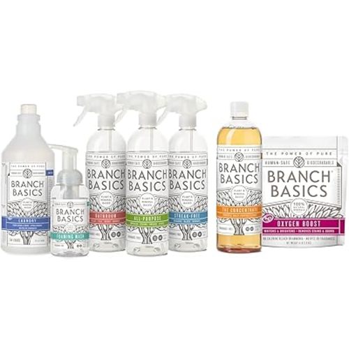 Branch Basics Premium Starter Kit: Natural All Purpose Cleaning Spray, Glass Cleaner, Bathroom Cleaner, Wash and Laundry Bottle (3 Plastic Spray Bottles + Concentrate) Fragrance-Free