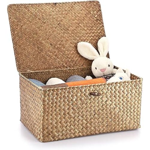 Hipiwe Wicker Shelf Baskets Bin with Lid, Handwoven Seagrass Basket Storage Bins Rectangular Household Basket Boxes for Shelf Wardrobe Home Organizer, Coffee X-Large