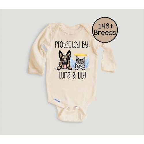 Baby Shower Gift, Protected by Pets Onesie®, Custom Dogs and Cats Onesie®, Personalized Baby Gift, Custom Dog and Cat Breeds, Baby Gift.