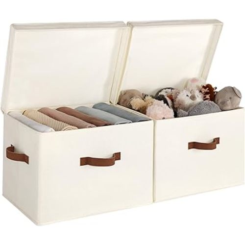StorageWorks Fabric Storage Bins with lid, Decorative Boxes for Shelves, Closet Organizer Basket with Handles, Jumbo, Ivory White, 2-Pack
