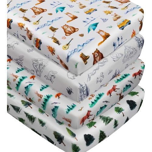 4 Pack Woodland Forest Animals Wood Neutral Unisex Fitted Baby Crib Sheets Set for Baby Boys or Girls Forest
