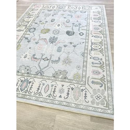 Cream Blue Oushak Rug, Modern, Vintage, Turkish, Eclectic, Floral, Pastel, Washable, Area Rugs for Living Room, Dining, Bedroom, Nursery, Girls, Boys, 5'9"x8'9"