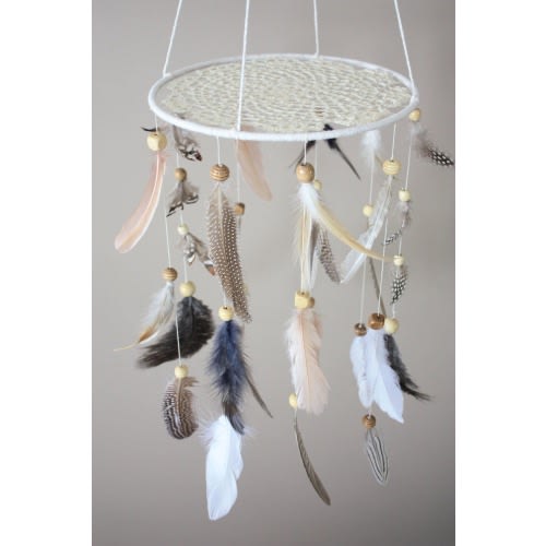Natural Feather Mobile-Bohemian Mobile-Tribal Nursery-Native American Style-Feather Mobile-Woodland Nursery-Dreamcatcher Mobile-Baby Mobile