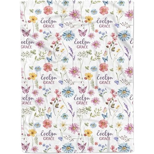 MDPrints Wildflower Custom Baby Blankets for Girls, Personalized Baby Gifts, Customized Newborn Blanket with Name, Minky Plush Fleece (Wildflower TM37)