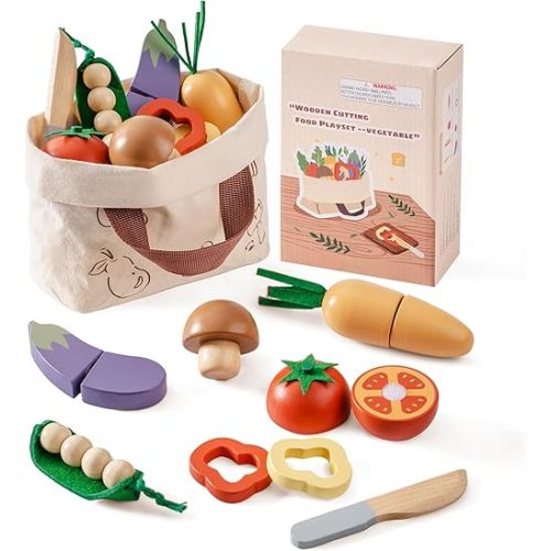 ROBOTIME Wooden Play Food Cutting Vegetable Set, Pretend Play Toy Food for Play Kitchen with Shopping Bag – Kids Kitchen Accessories, Wooden Veggie Toys for Boys & Girls