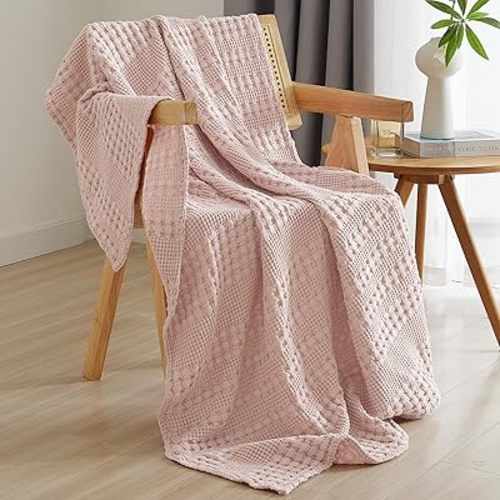 PHF 100% Cotton Waffle Weave Throw Blanket, Soft Lightweight Breathable Cozy Summer Throws for Couch Bed Sofa, Luxury Aesthetic Woven Blanket for Home Decor & Office, 50"x60", Pink