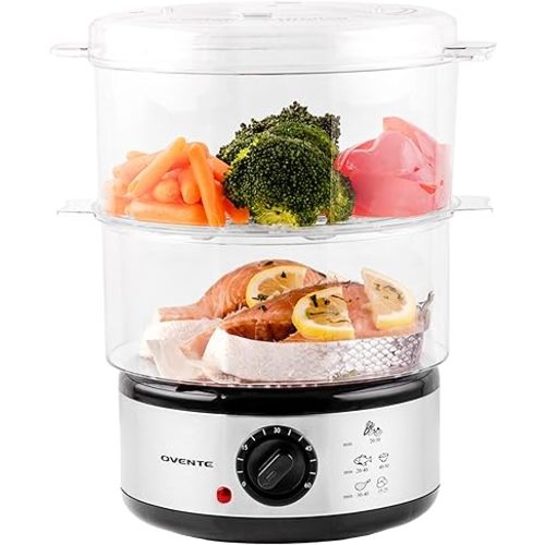 OVENTE 2 Tier Electric Food Steamer for Cooking Vegetables, Stainless Steel Base, Stackable and Dishwasher Safe Baskets, 400W with Auto Shutoff and 60-Minute Timer, 5 Quart Capacity, Silver FS62S