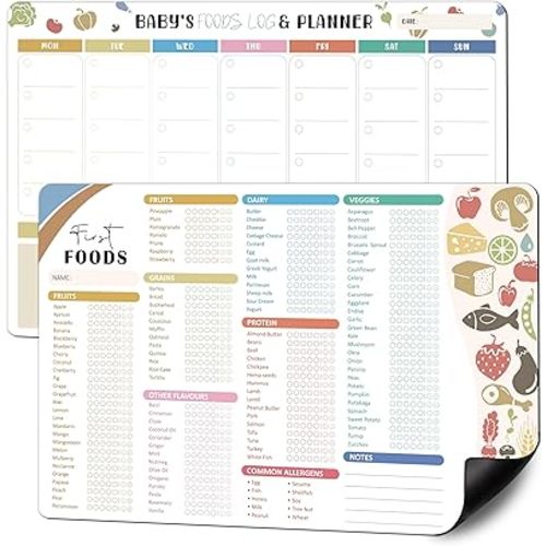 2 Pack Baby First Food Checklist, Baby Led Weaning Supplies, First Foods Tracker Fridge Magnet & Daily Food Log Meal Planner, 12"x8" Dry Erase Nutrition Poster, 101 Foods Before 1 Checklist Magnet