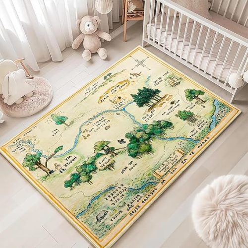 Estmy 5x7 Washable Nursery Rug, Cute Woodland Kids Play Rug for Girls Boys Neutral Soft Crawling Play Mat for Classroom Children Toddlers Bedroom Stain Resistant Easy Clean, 100 Acre Wood Map Carpet