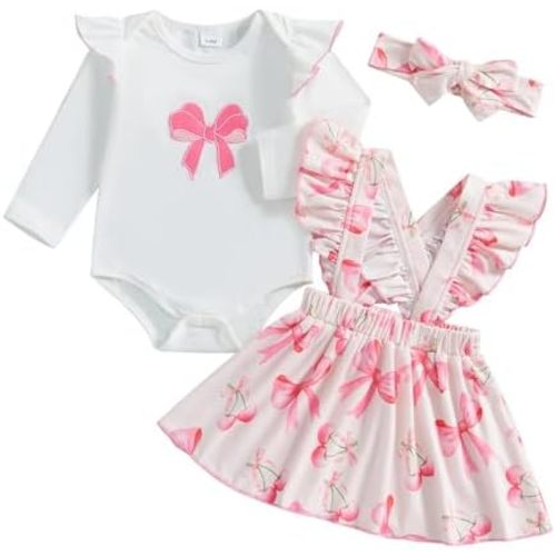 Newborn Baby Girl Clothes Ruffles Long Sleeve Romper Floral Suspender Skirt Set with Headband Girl Clothes 2Pcs
