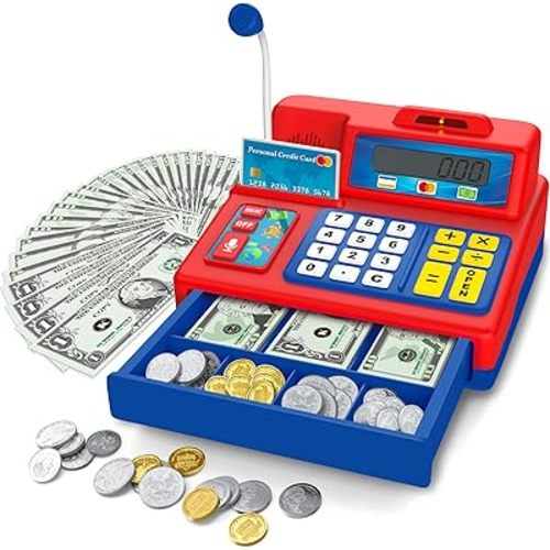 Calculator Cash Register Toy Gift for Kids Age 3, 4, 5, 6, 7, 8+ Year Old, 103 Pcs Grocery Store Playset with Microphone, Credit Card, Cash Register for Toddlers Kids 4-8
