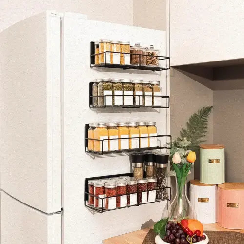 Strong Magnetic Spice Rack For Refrigerator, Large Size Space Saving Organizer, Durable Shelf for Oven, Fridge - 4 Pack - Iron - Black