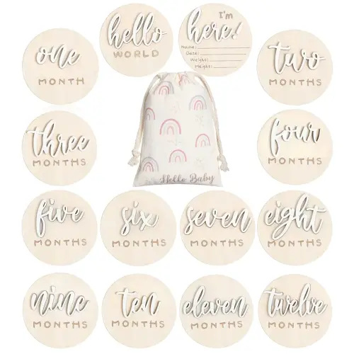 3D Baby Monthly Milestone Card Signs Baby Announcement Sign 7 Pack Double Sided Hello World Newborn Signs Wooden Circles Discs for Welcome Newborn Shower Boy Girl Photo Props(White)