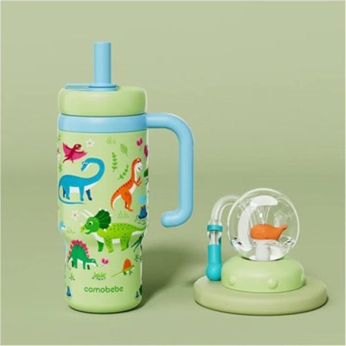 Whale Fountain Tumbler, Comobebe 24oz Stainless Steel Whale Fountain Tumbler With Handle, Straw Cap Dustproff & Storeable, Leak-Proof Screw-On Lid (Sticker type-green)