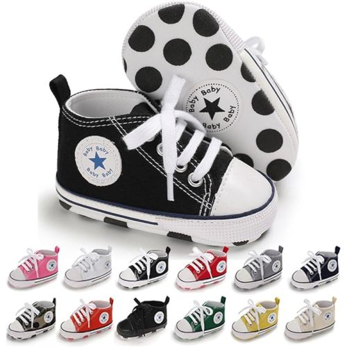 Unisex Baby Soft Sole Sneakers, Canvas Denim High Top, Newborn Infant First Walkers
