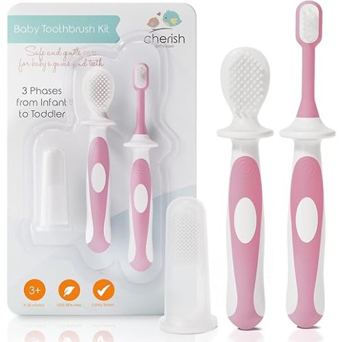 Cherish Baby Care Award-Winning Baby Toothbrush Set (3-24 months) - Baby Finger Toothbrush, Training Toothbrush & Toddler Toothbrush - BPA-Free Infant Toothbrush Set, Baby First Toothbrush Set (Pink)