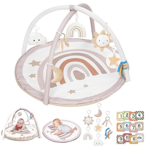 Baby Play Gym Mat, Tummy Time Activity Mat with 7 Detachable Toys and 12 Milestone Cards for Stage-Based Sensory and Motor Skill Development, Washable Play Mats for Infant, Newborn Baby Essentials - Rainbow