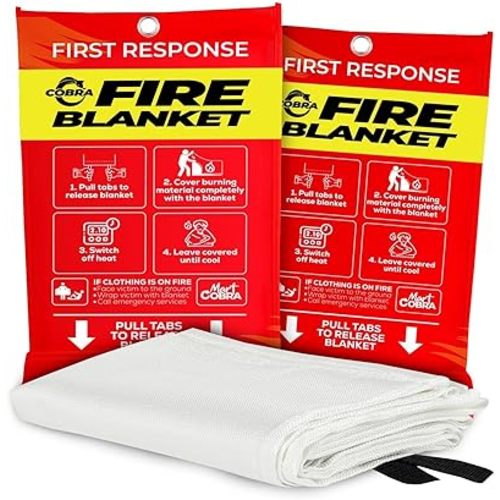 Mart Cobra Fire Blanket 2-Pack – Emergency Fire Suppression for Home & Kitchen – 40"x40" Fireproof Fiberglass Safety Blankets – Heat Resistant & Easy to Use – Smothers Grease & Electrical Fires
