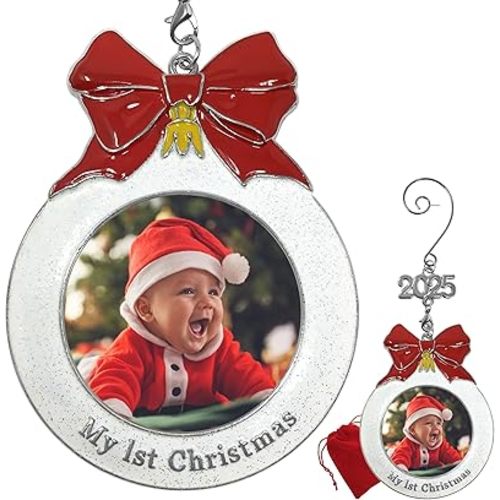 Baby's 1st Christmas Photo Ornament with a 2025 Charm - Shaped Like a Bulb with White Glitter and A Red Bow Design - Gift-Storage Bag Included - 3" D