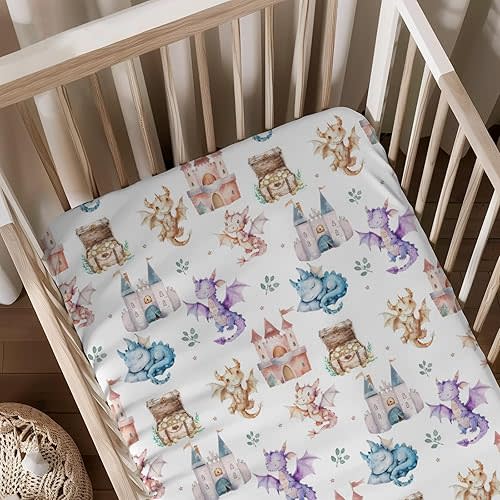 Cartoon Cute Dragon Castle Leaves Stars Pattern Baby Sheets for Crib, Unisex Dragon Nursery Fitted Bed Sheet for Boys Girls Standard Crib and Toddler Mattress-28x52